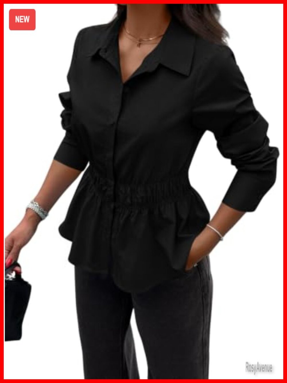 Women's Peplum Button Down Blouse Long Sleeve Smocked Ruffle Hem Work Top